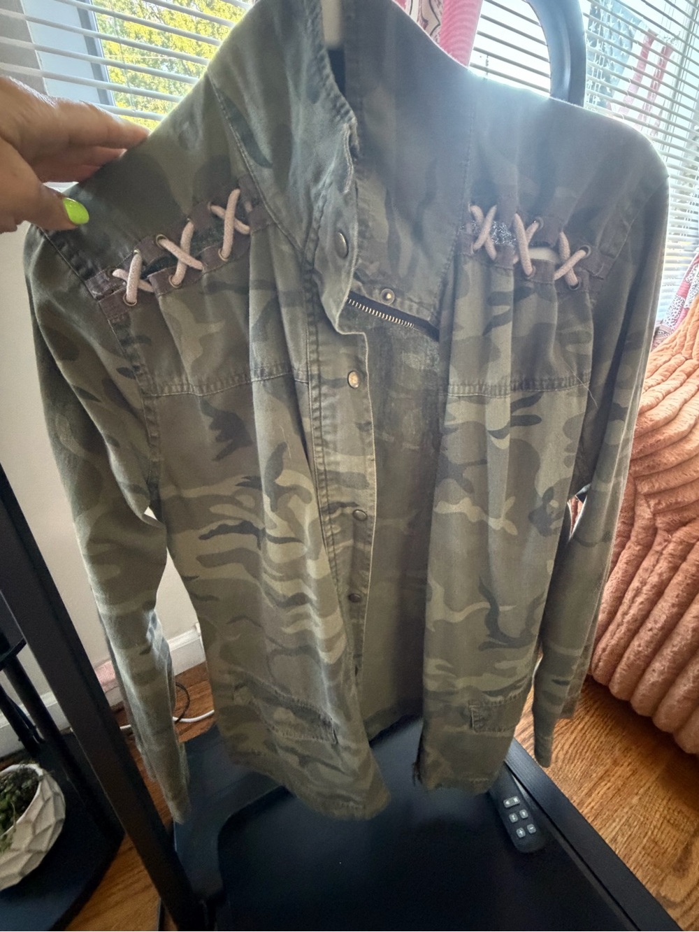 Gilded Intent Olive Green Camo Utility Jacket with Lace-Up Shoulders